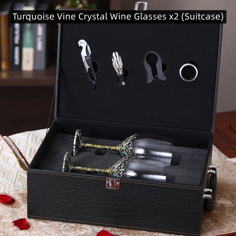 Turquoise Vine Crystal Wine Glasses with Decanter Suitcase Set | Stornfield