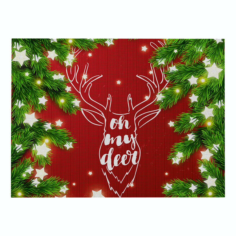 Festive Rectangular Holiday Polyester Tablecloth with 'Oh My Deer' Reindeer Silhouette and Pine Branch Border