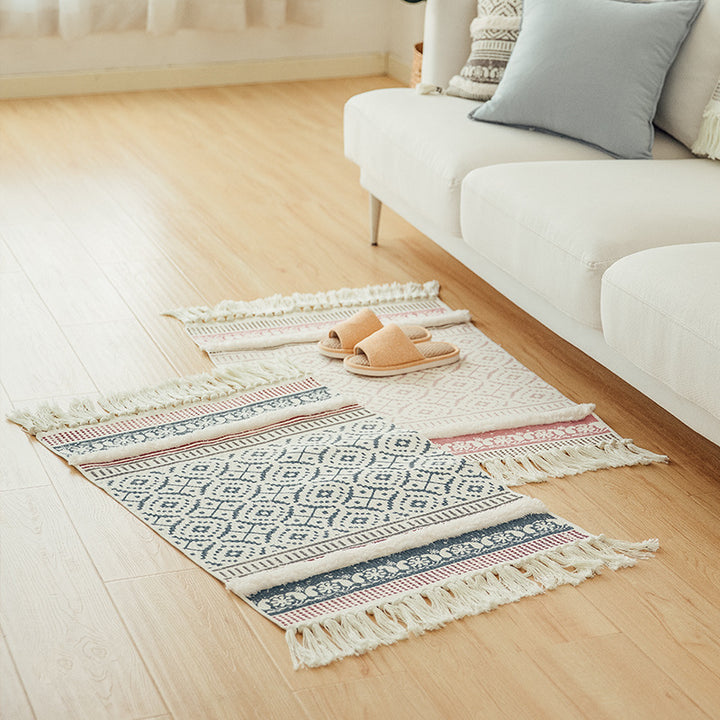 Handwoven cotton runner in Scandi-Boho style with fringes and geometric diamond jacquard Stornfield
