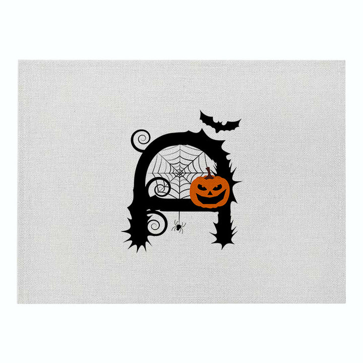Linen-Texture Decorative Halloween Table Placemat with Jack-o'-Lantern Spiderweb and Witch Broom Illustration