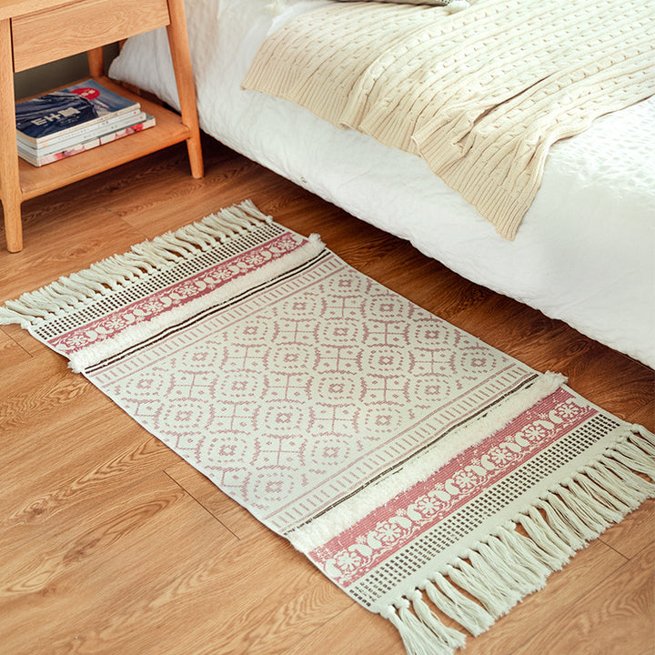 Handwoven cotton runner in Scandi-Boho style with fringes and geometric diamond jacquard Stornfield