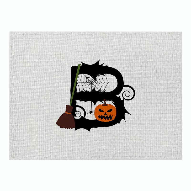 Linen-Texture Decorative Halloween Table Placemat with Jack-o'-Lantern Spiderweb and Witch Broom Illustration