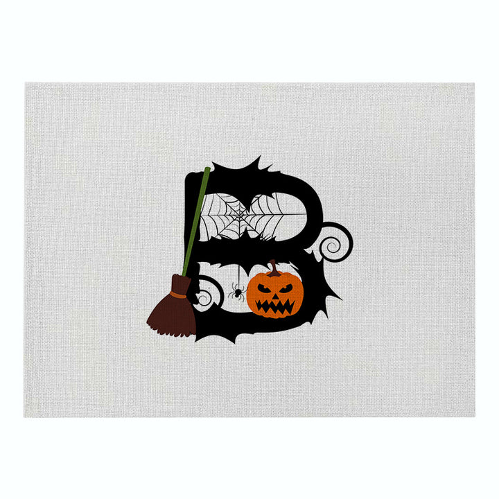 Linen-Texture Decorative Halloween Table Placemat with Jack-o'-Lantern Spiderweb and Witch Broom Illustration