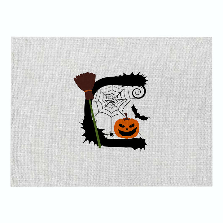 Linen-Texture Decorative Halloween Table Placemat with Jack-o'-Lantern Spiderweb and Witch Broom Illustration