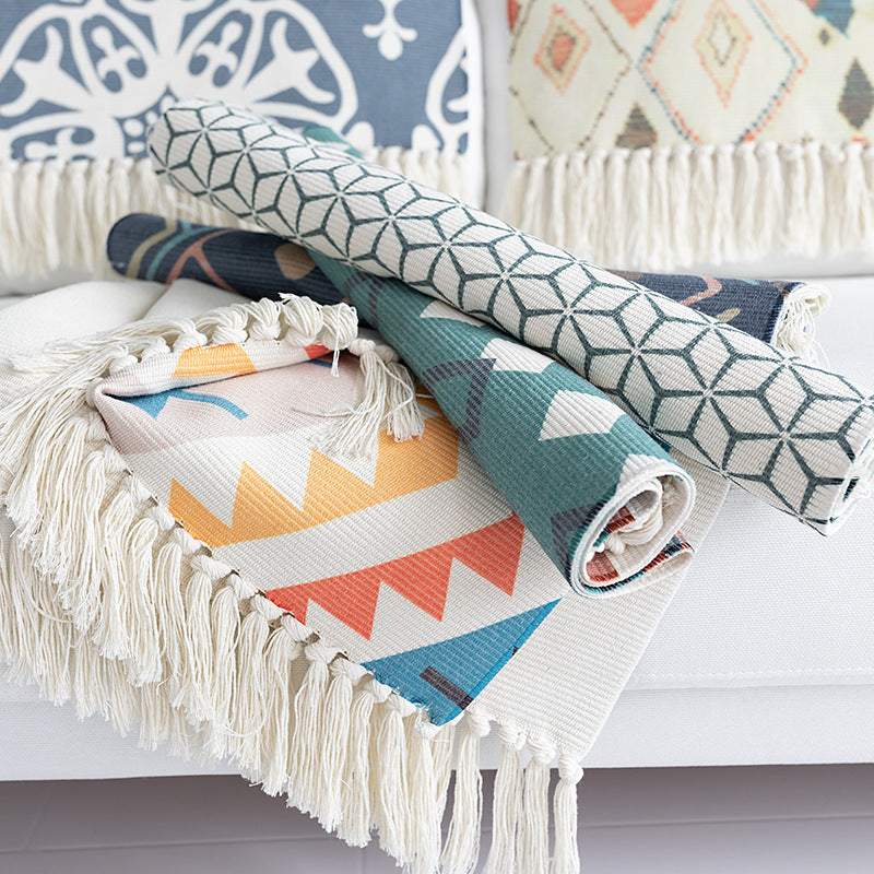 Flat-woven cotton carpet runner with ethnic diamond pattern and decorative fringes Stornfield
