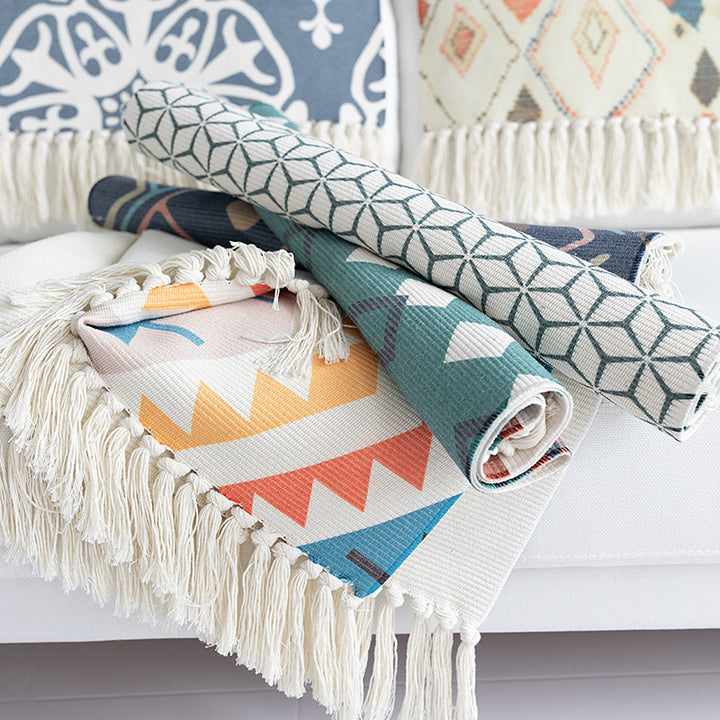 Flat-woven cotton carpet runner with ethnic diamond pattern and decorative fringes Stornfield