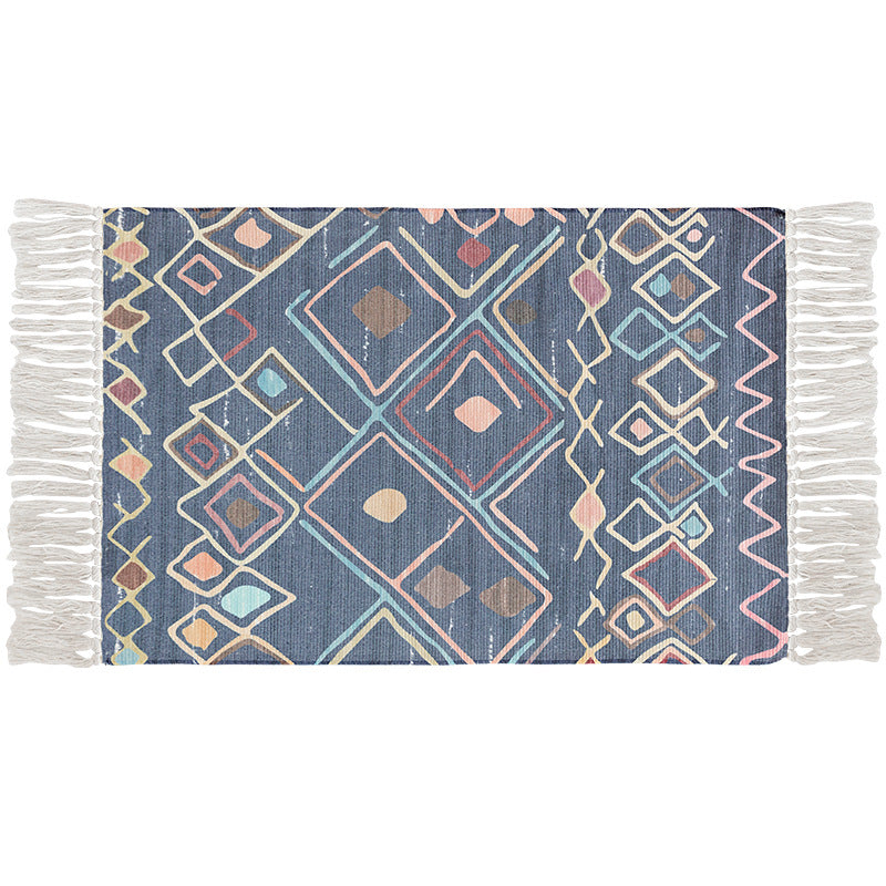 Flat-woven cotton carpet runner with ethnic diamond pattern and decorative fringes Stornfield