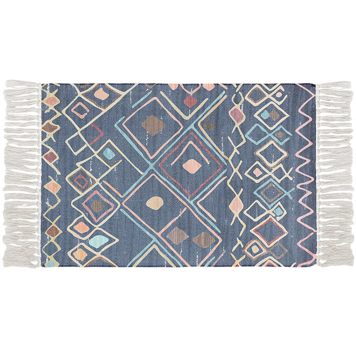 Flat-woven cotton carpet runner with ethnic diamond pattern and decorative fringes Stornfield