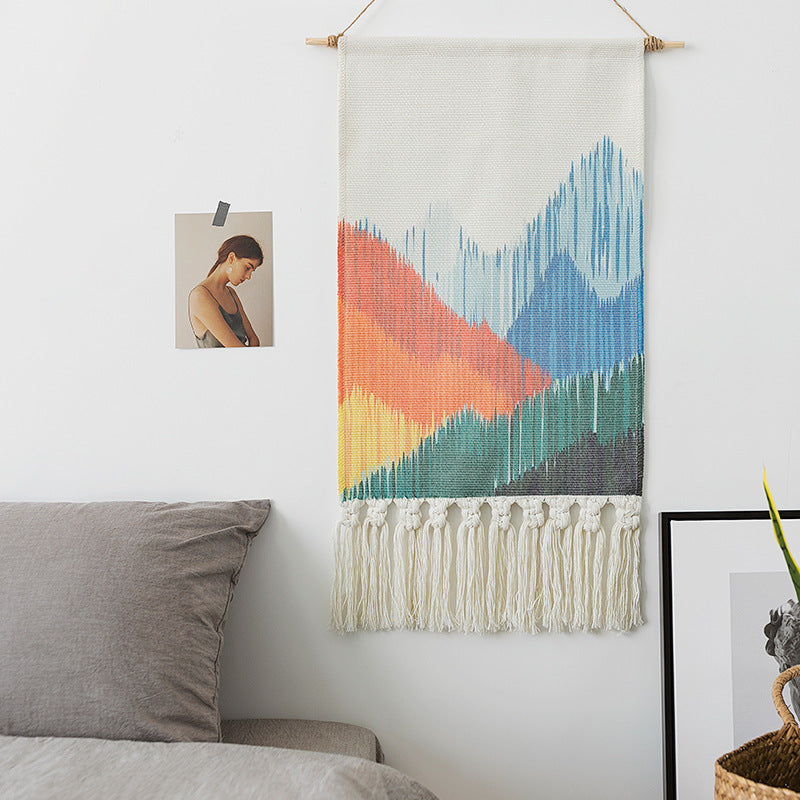Boho-Wall-Decor-Set with woven Ethno motifs, tassels and wooden stick