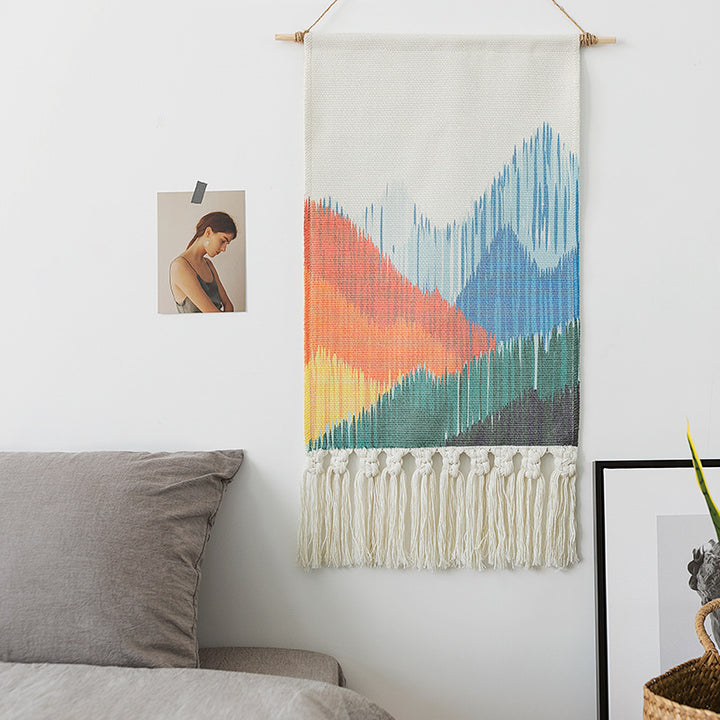 Boho-Wall-Decor-Set with woven Ethno motifs, tassels and wooden stick