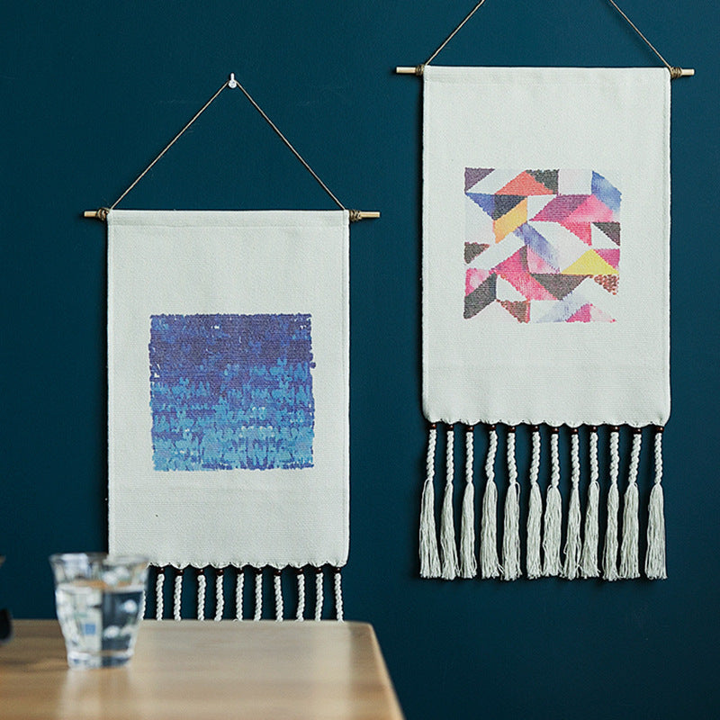 Boho-Wall-Decor-Set with woven Ethno motifs, tassels and wooden stick