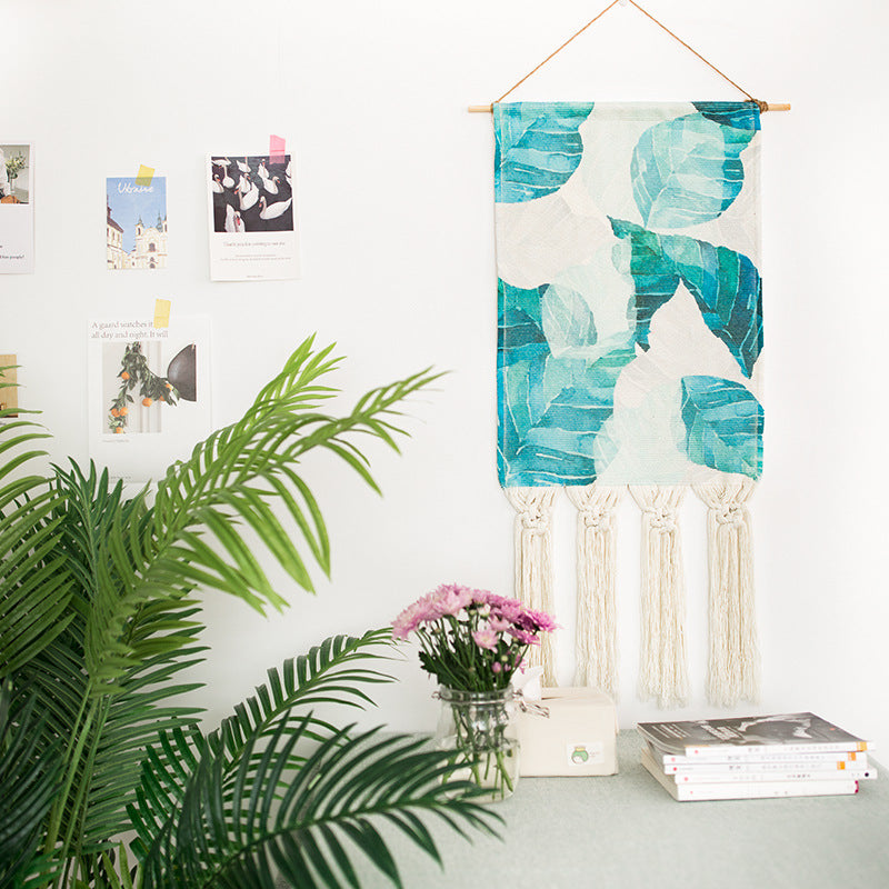Boho-Wall-Decor-Set with woven Ethno motifs, tassels and wooden stick