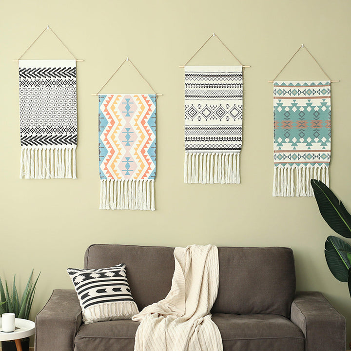 Boho-Ethno-Style tapestry set with fringes and wooden rod Stornfield
