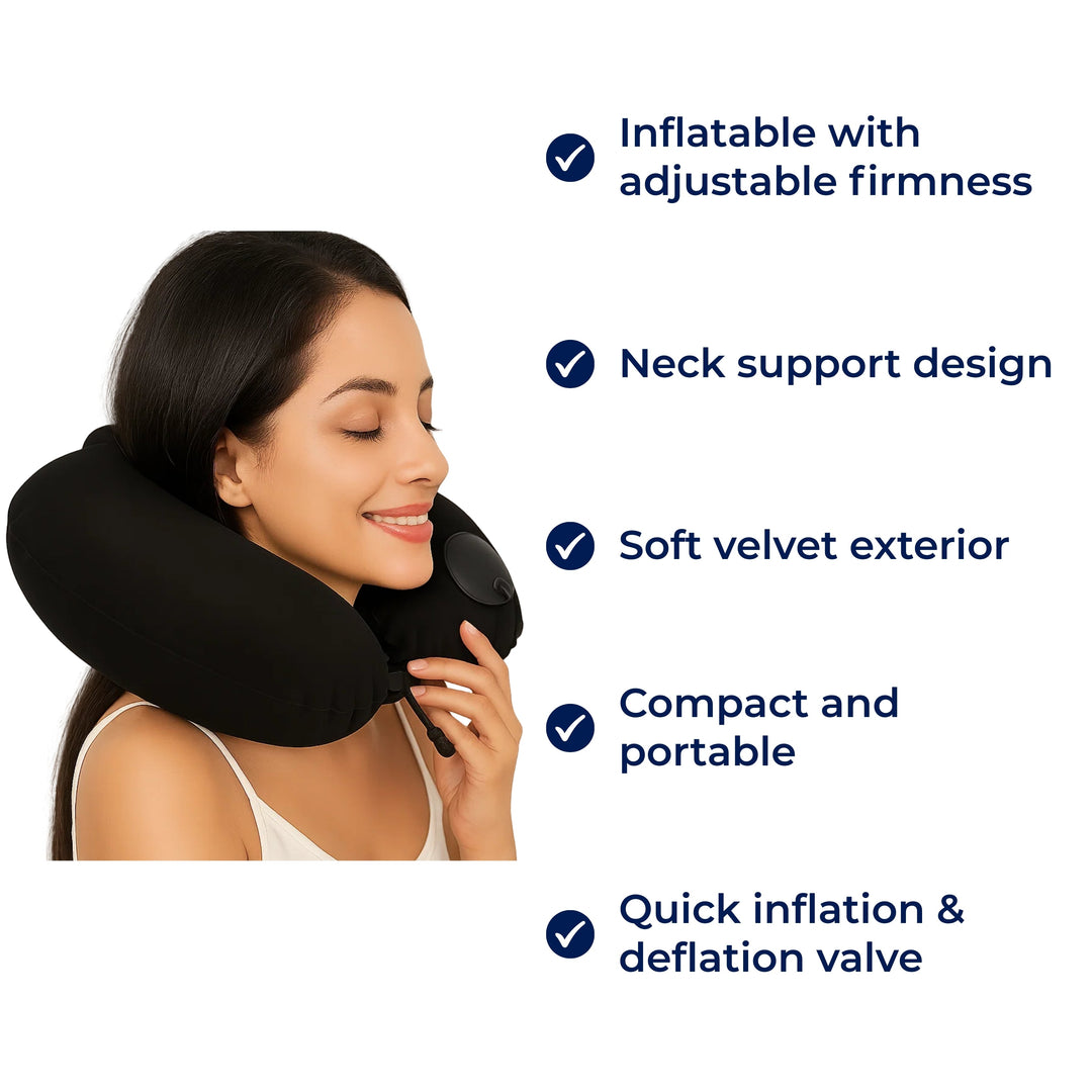 TravelThrive | Inflatable Travel Pillow – Adjustable Firmness – Soft Velvet Cover – Neck Pain Relief – Compact for All Travel Stornfield