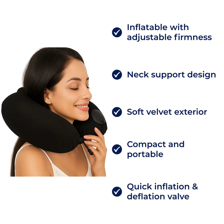 TravelThrive | Inflatable Travel Neck Pillow – Adjustable Firmness – Soft Velvet Cover – Neck Pain Relief – Compact for All Journeys Stornfield