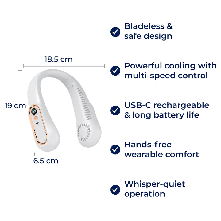 CoolEase | Portable Neck Fan – Hands-Free Bladeless Cooling – Five Speeds USB-C – Travel Office Commute Stornfield