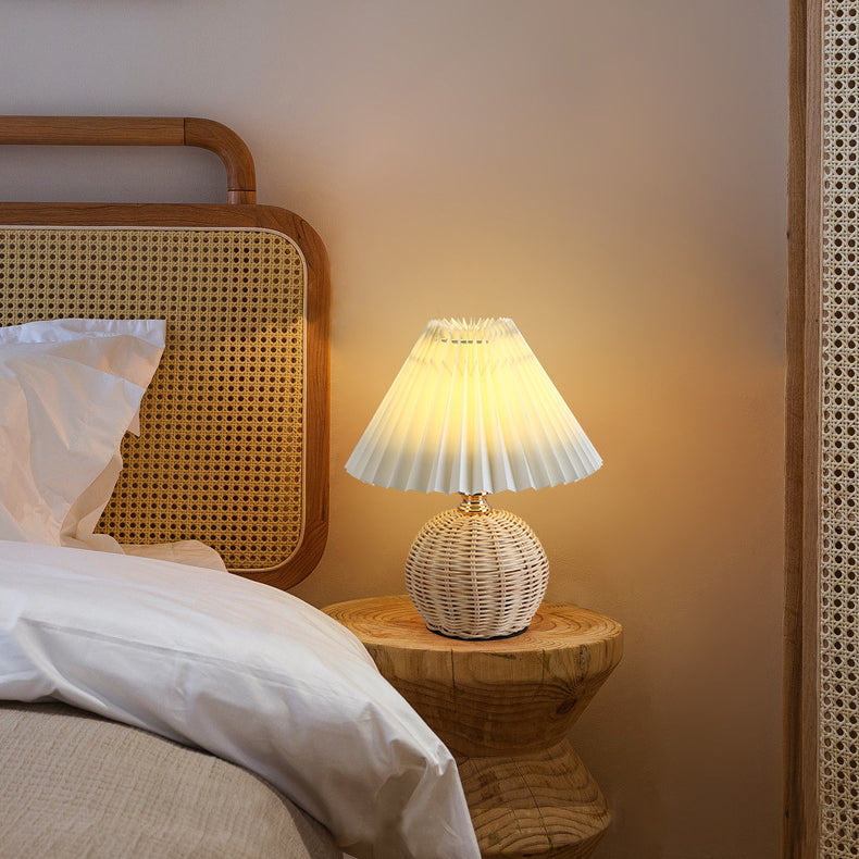 Stornfield | RattaLume Nordic LED Table Lamp | Woven Rattan and Foldable Fabric Lampshade | Ambient Light | Bedroom Decor
