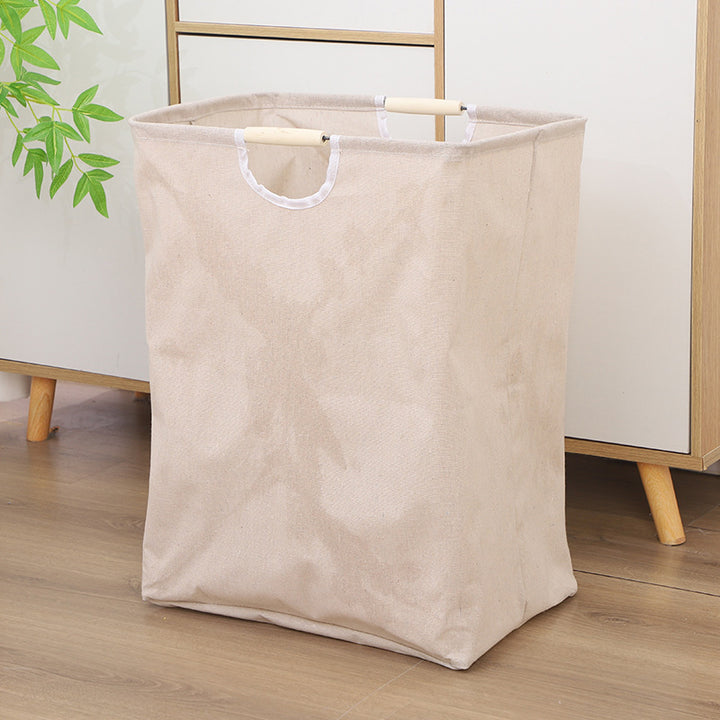 Collapsible laundry basket, cotton-linen, with wooden handles