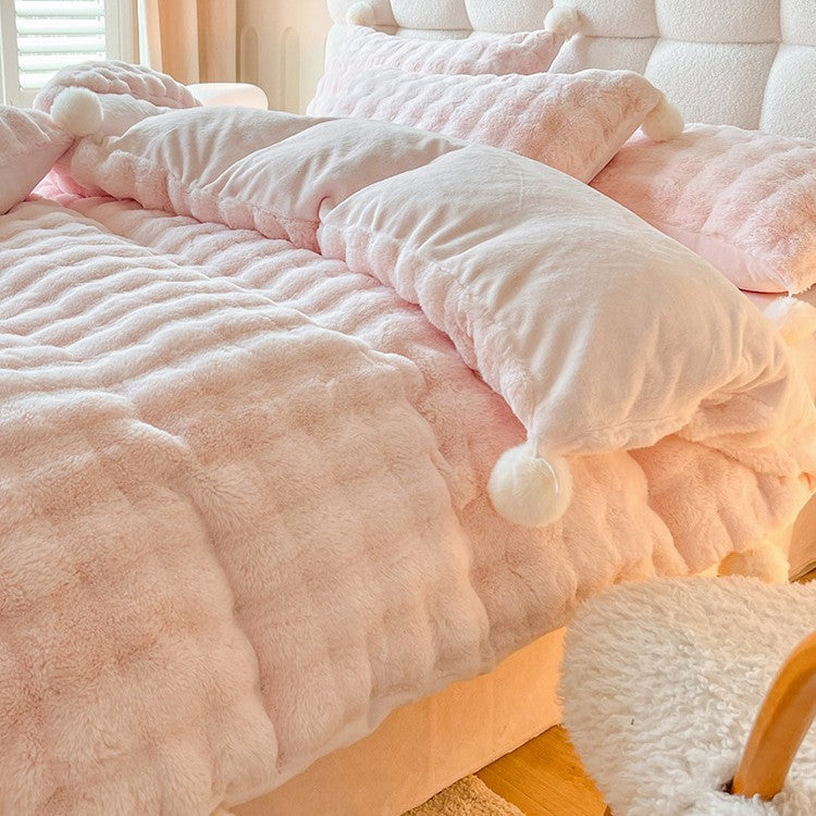 Fluffy milk fiber fleece bedding set with pom-poms