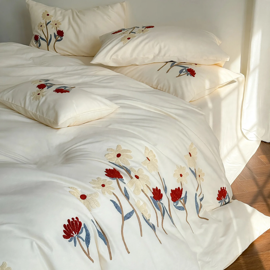 Cotton bedding set, embroidered, brushed, 4-piece