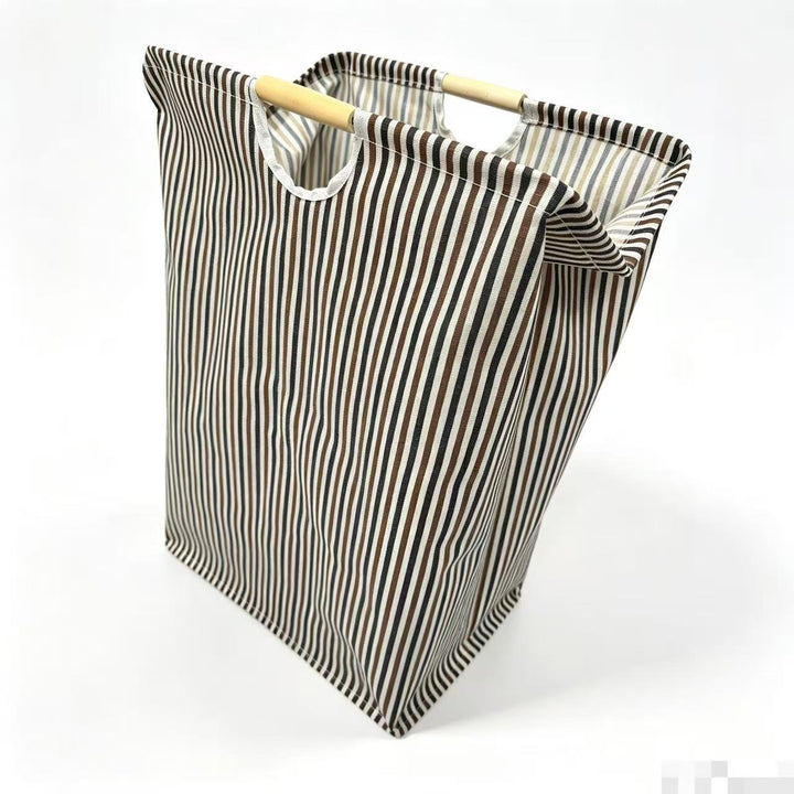 Collapsible laundry basket, cotton-linen, with wooden handles