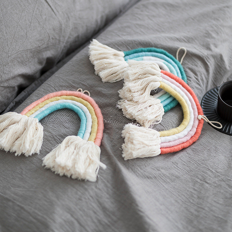 Macrame wall hanging in rainbow shape, handcrafted cotton yarn decorative element Stornfield