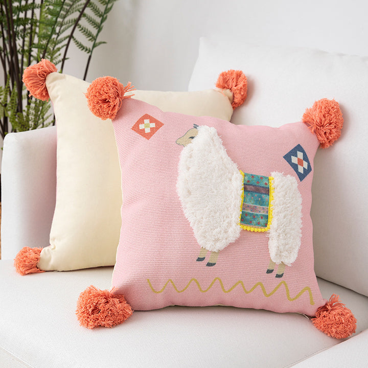Square Boho decorative pillow with crocheted pom-pom and decorative corner tassels