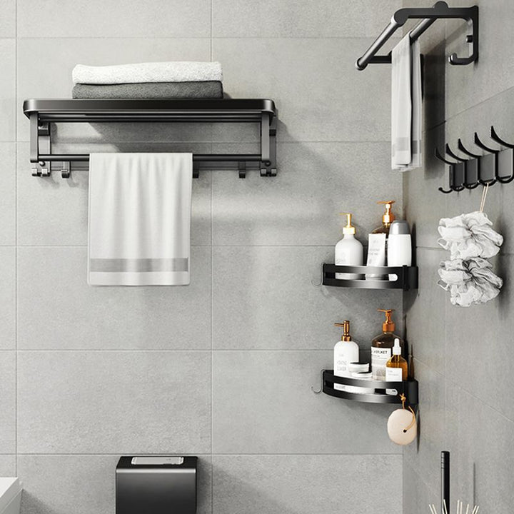 Stornfield | Contemporary bathroom accessory set with black finish and bath shelf/towel bar
