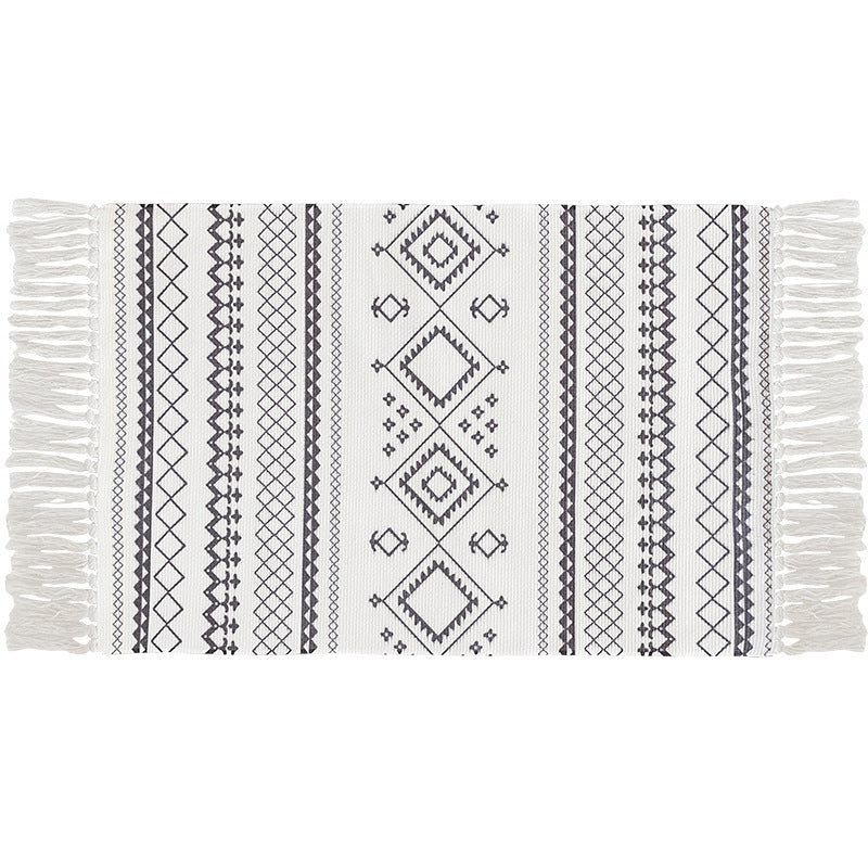 Flat-woven cotton carpet runner with ethnic diamond pattern and decorative fringes Stornfield