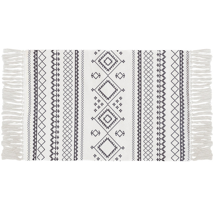 Flat-woven cotton carpet runner with ethnic diamond pattern and decorative fringes Stornfield