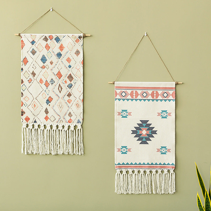 Boho-Wall-Decor-Set with woven Ethno motifs, tassels and wooden stick