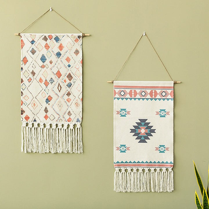 Boho-Wall-Decor-Set with woven Ethno motifs, tassels and wooden stick