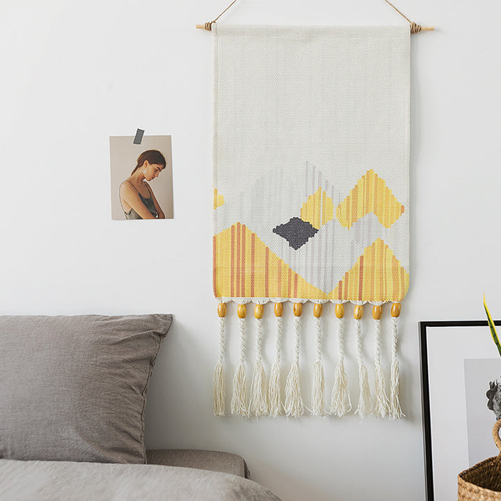 Boho-Wall-Decor-Set with woven Ethno motifs, tassels and wooden stick
