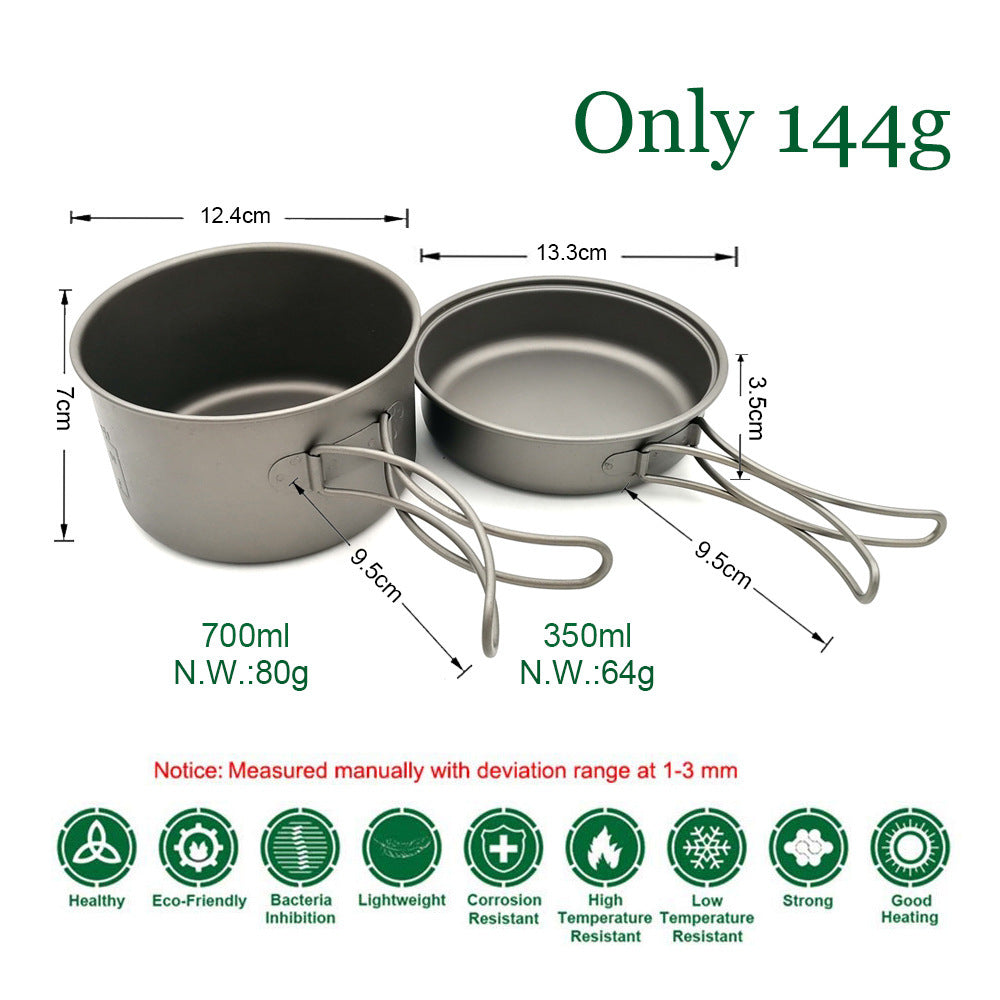 ultra-light titanium backpacking cook set with nesting pots, non-stick finish, foldable handles and compact micro gas burner Stornfield