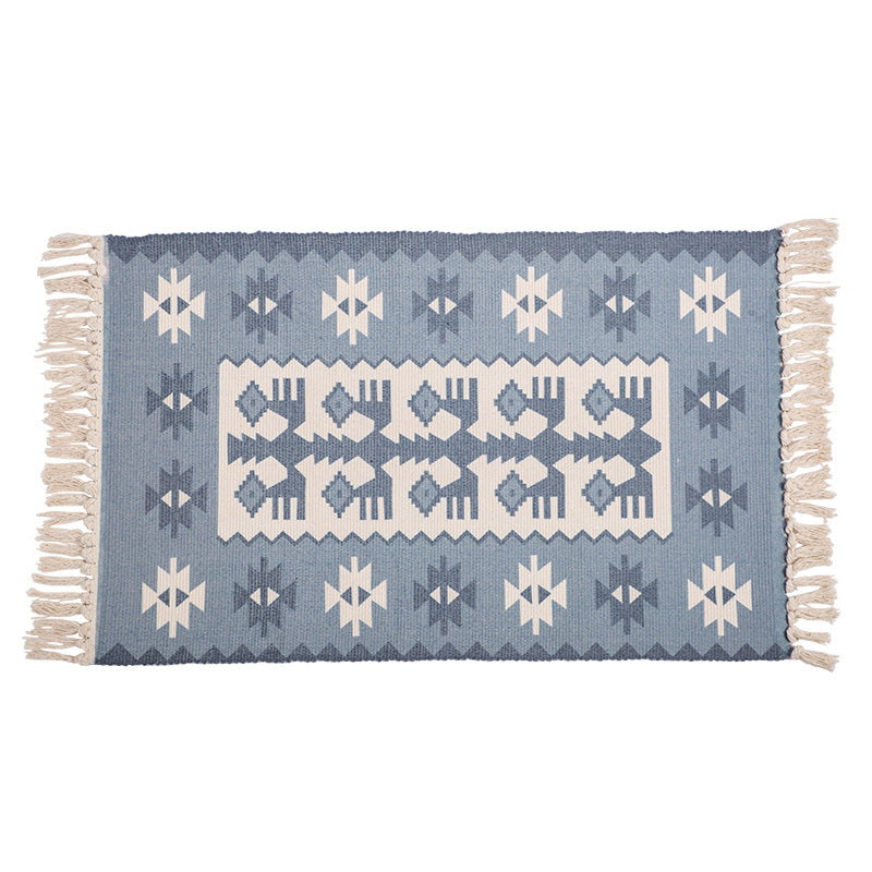 Handwoven cotton table runner with mandala jacquard and decorative fringes