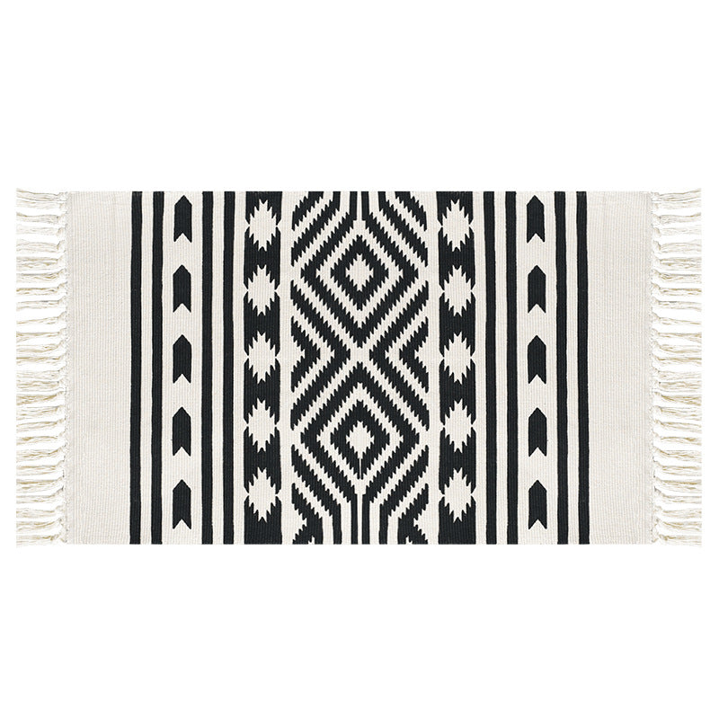 Flat-woven cotton runner with Mediterranean tile jacquard and decorative fringes Stornfield
