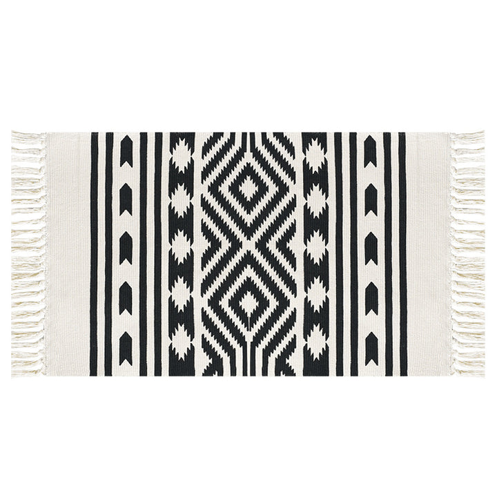 Flat-woven cotton runner with Mediterranean tile jacquard and decorative fringes Stornfield