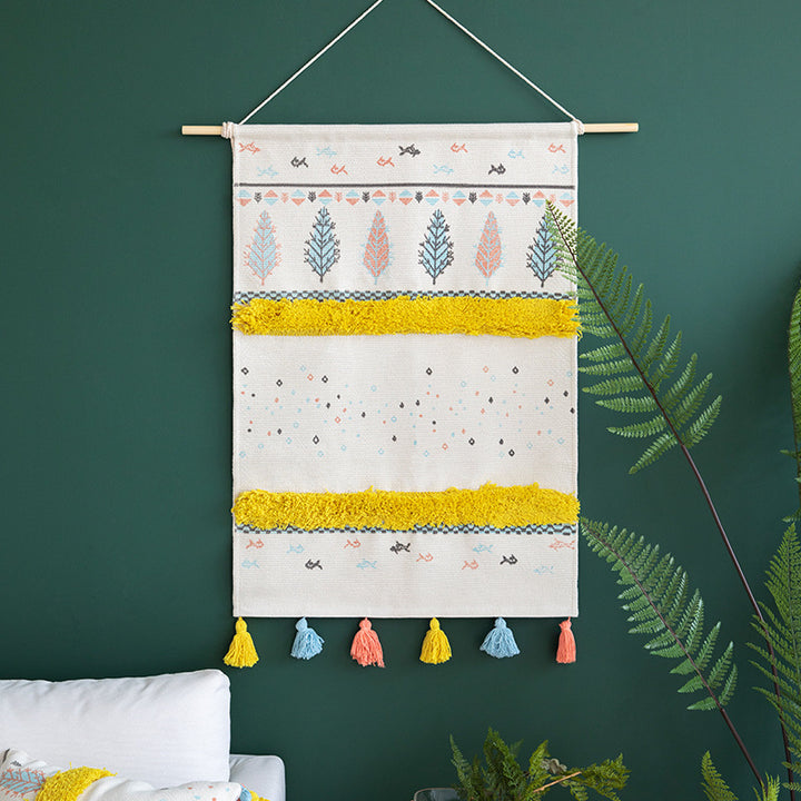 Wall tapestry in Scandi-Boho style with tufting stripes, tassels, and wooden rod Stornfield