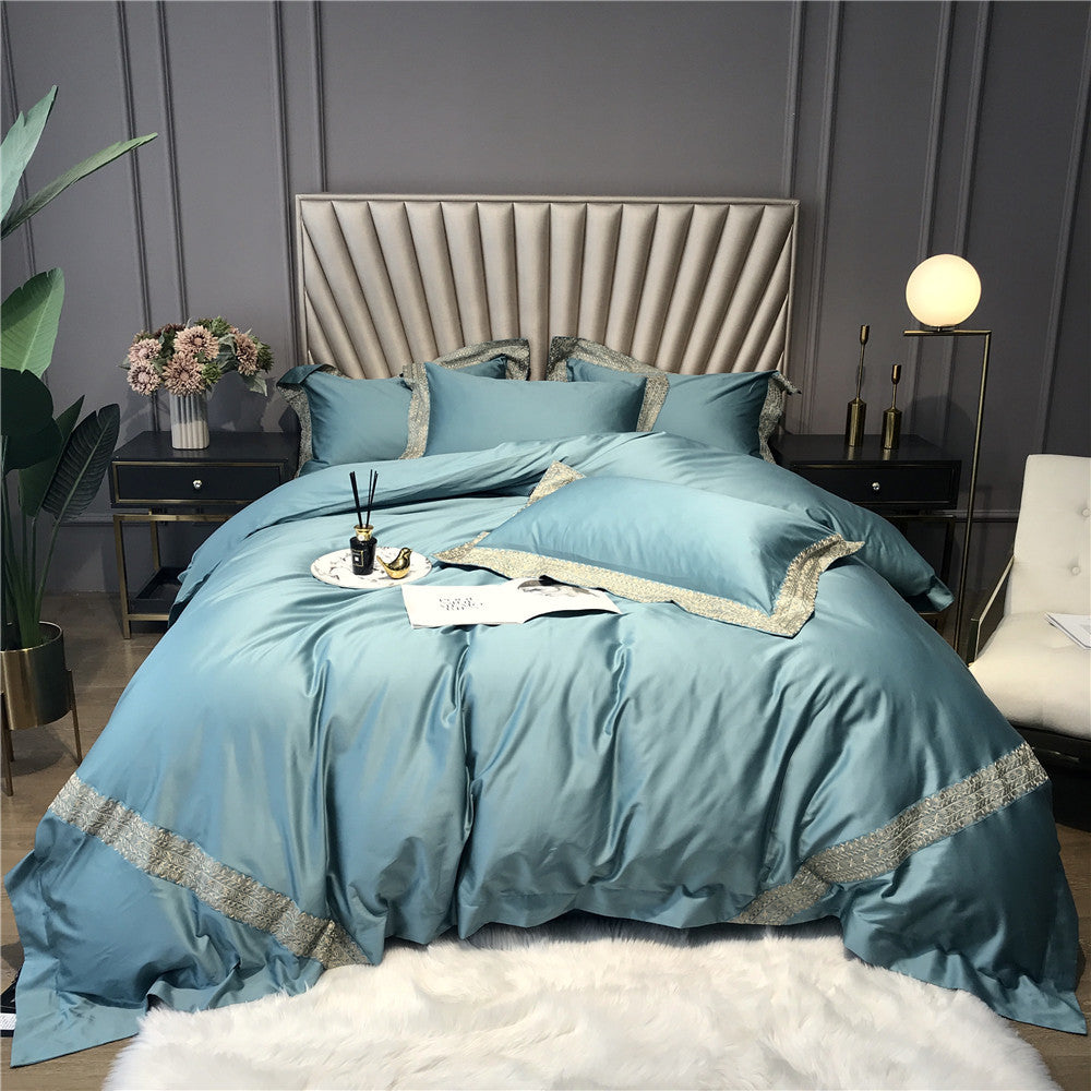 Hotel-Grade Silk-Feel Sateen Duvet Cover Set with Decorative Lace Border