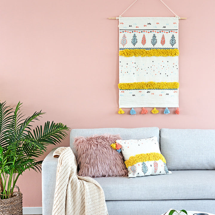 Wall tapestry in Scandi-Boho style with tufting stripes, tassels, and wooden rod Stornfield