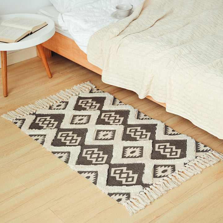 Flat-woven cotton runner in Kilim-Ethno design with fringes Stornfield