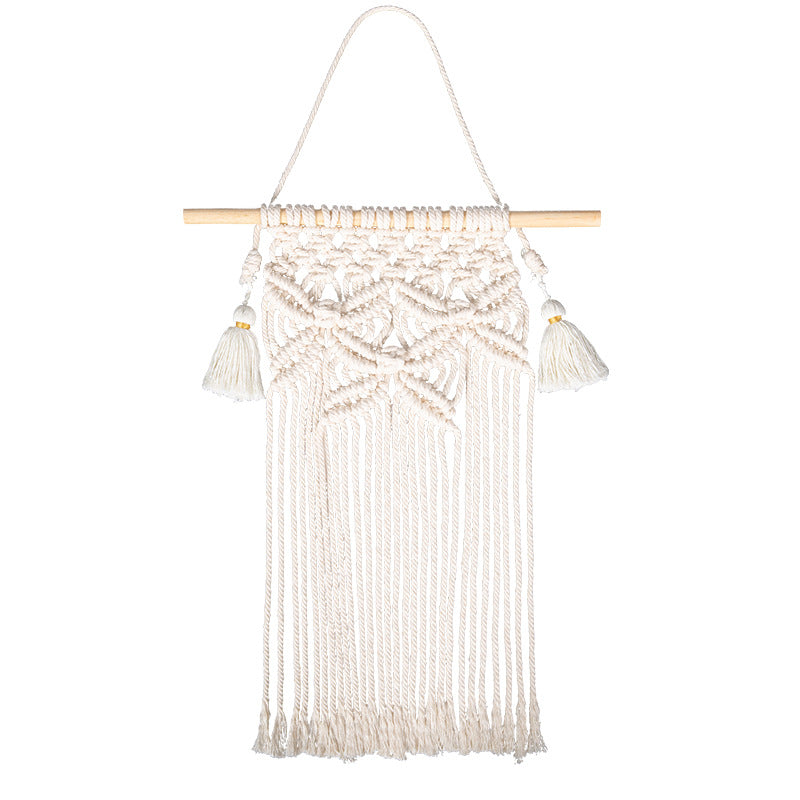 Macramé wall hanging with geometric triple tassel design and wooden rod Stornfield