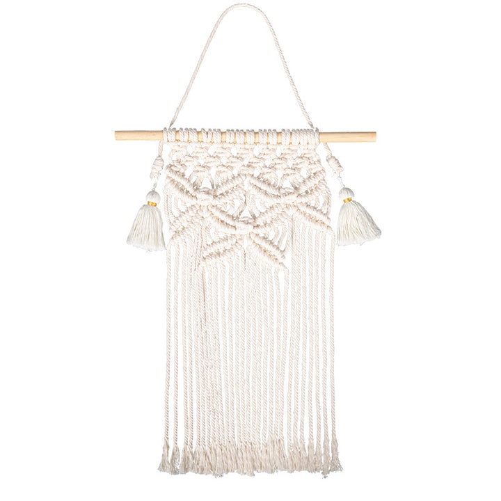 Macramé wall hanging with geometric triple tassel design and wooden rod Stornfield