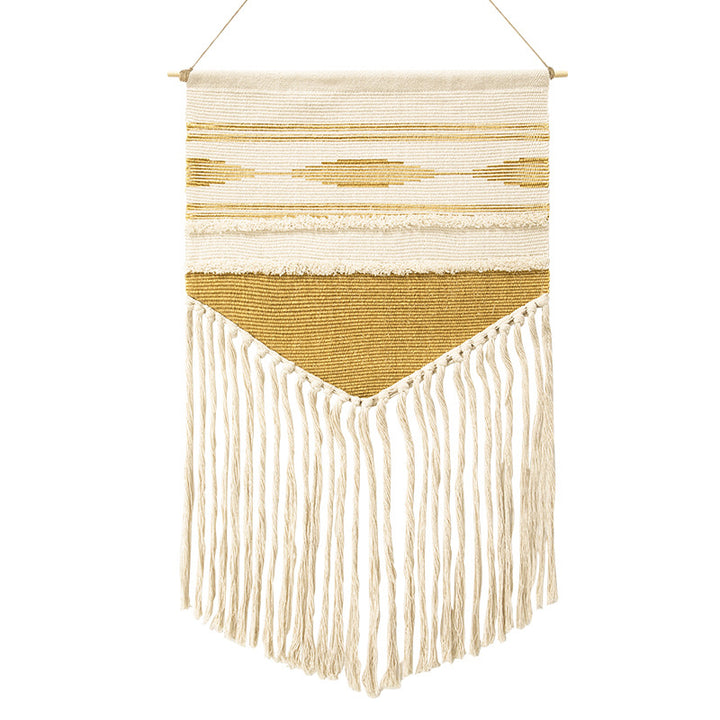 Handwoven wall hanging made of cotton blend with layered textures, wood rod and long fringes Stornfield