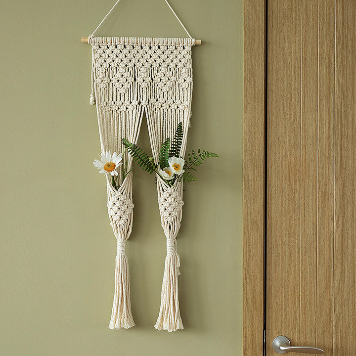 Macramé wall hanging with geometric triple tassel design and wooden rod Stornfield