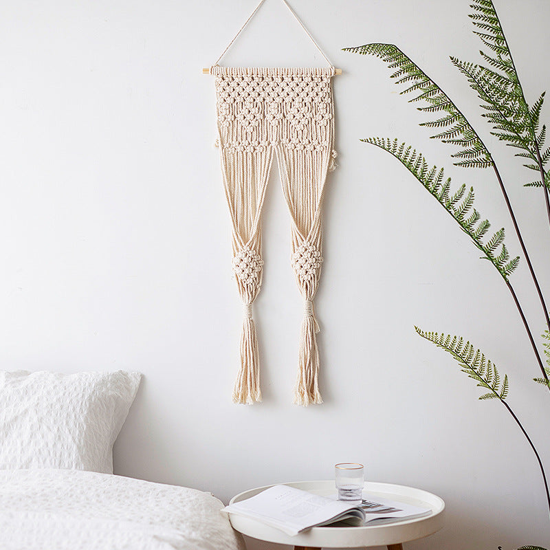 Macramé wall hanging with geometric triple tassel design and wooden rod Stornfield