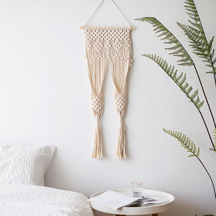 Macramé wall hanging with geometric triple tassel design and wooden rod Stornfield