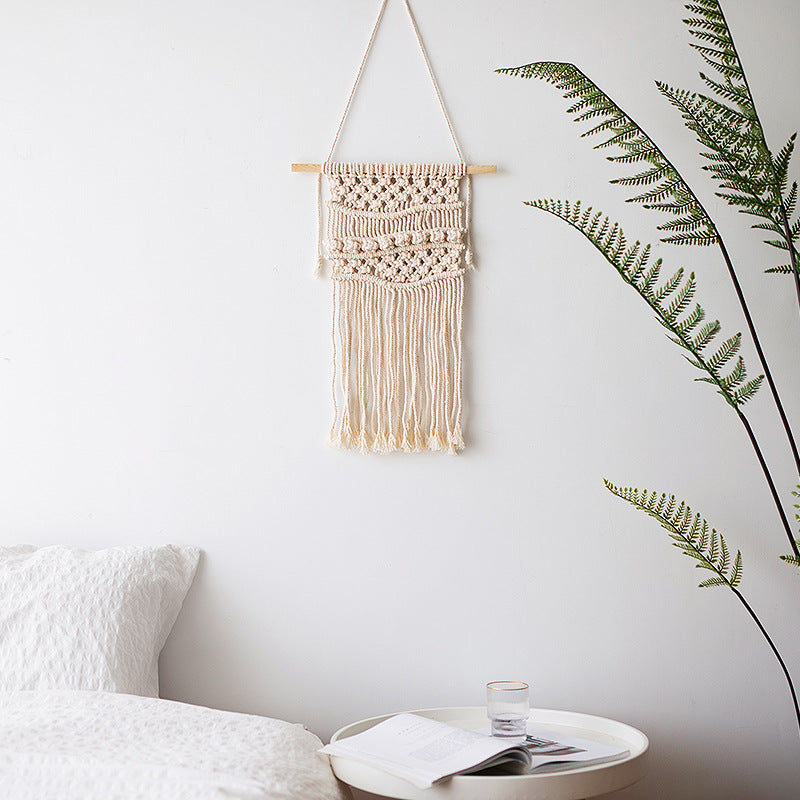 Macramé wall hanging with geometric triple tassel design and wooden rod Stornfield