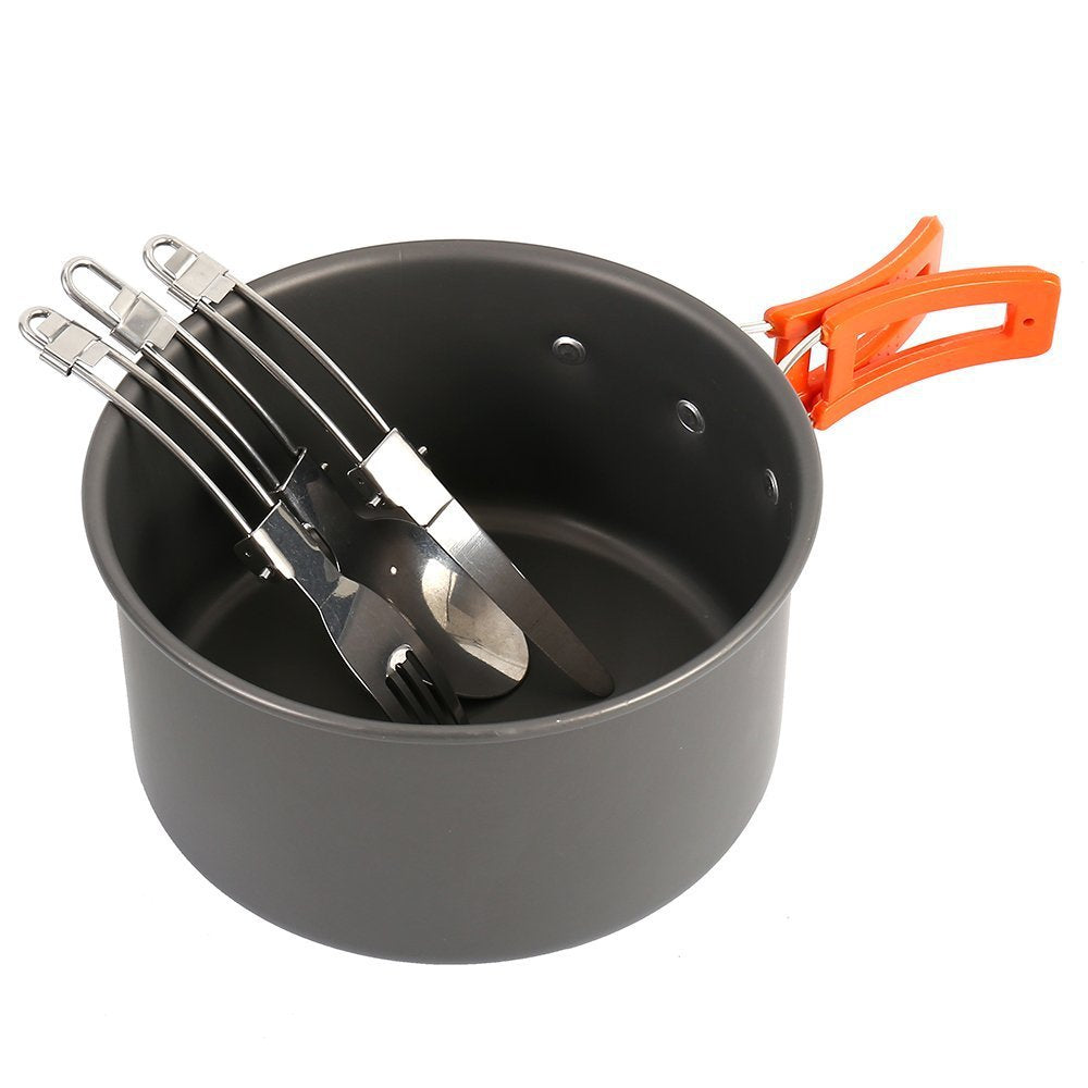 lightweight nonstick camping cookware set with folding kettle pot pan stainless utensils silicone trivet and carry pouch Stornfield