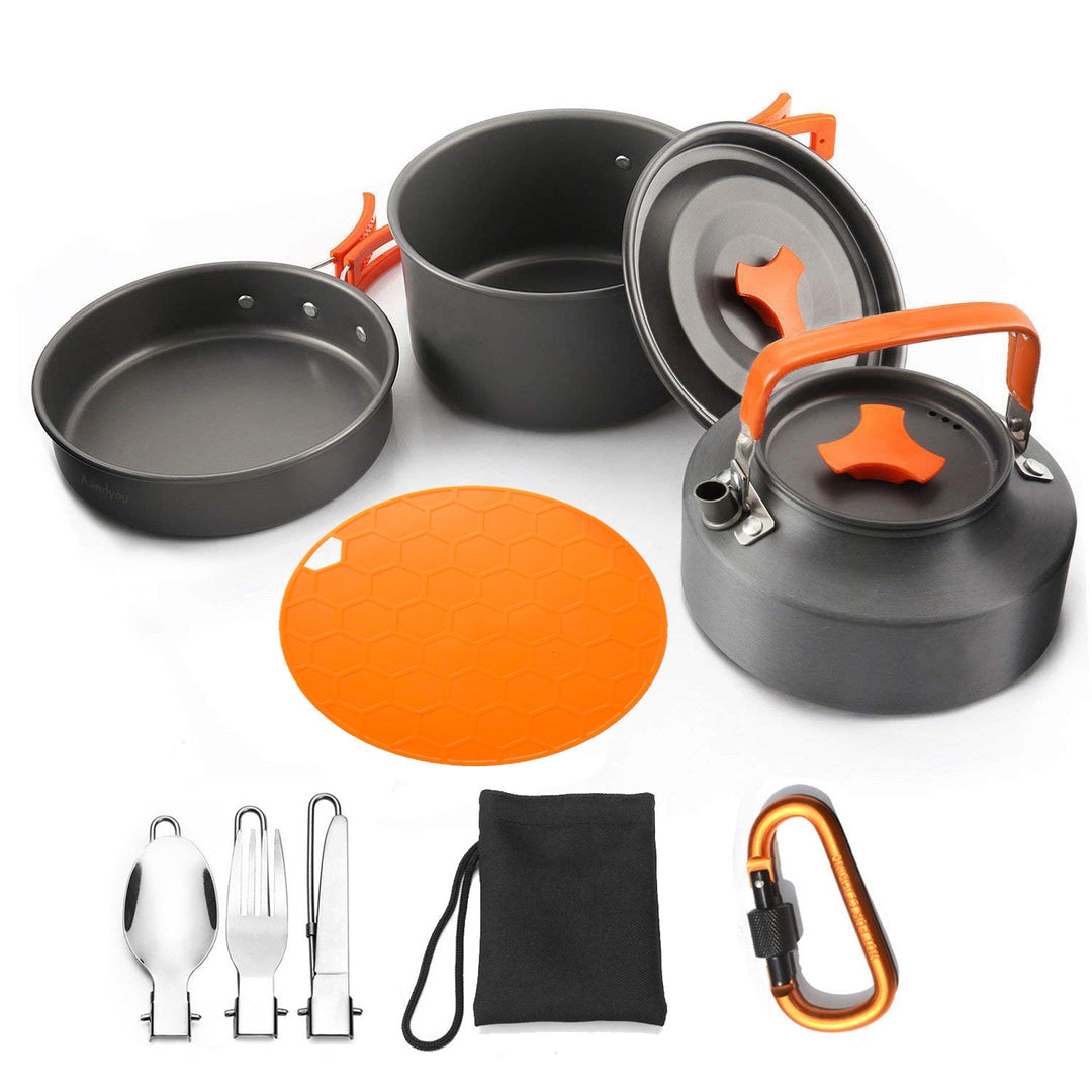 lightweight nonstick camping cookware set with folding kettle pot pan stainless utensils silicone trivet and carry pouch Stornfield